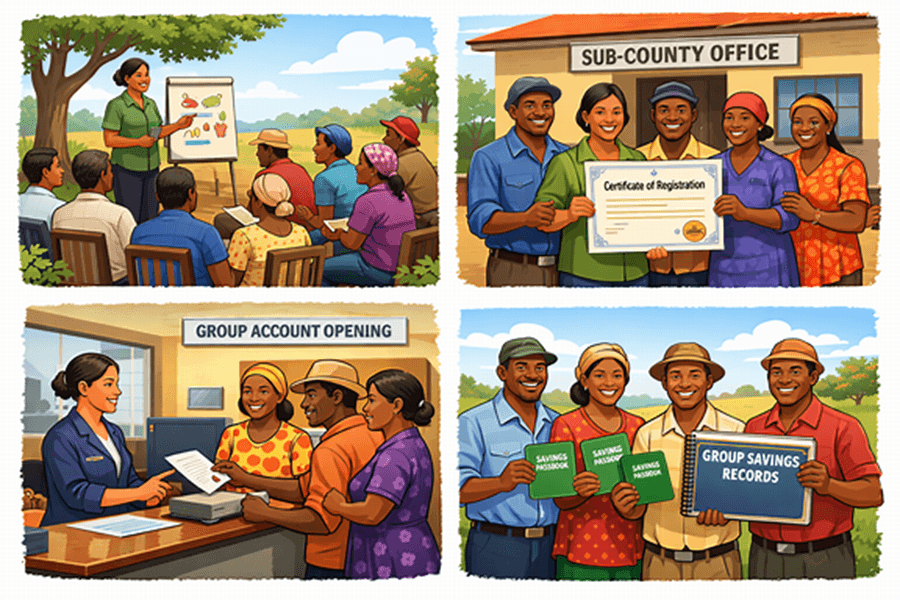 Illustration of the group journey: training, registration, opening a bank account, and keeping savings records