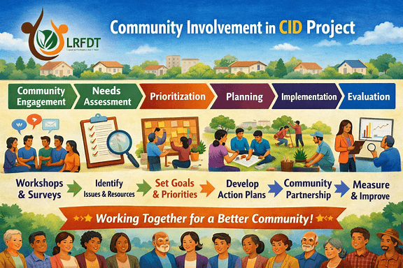 Illustration of community involvement in the CID project, from engagement through to evaluation